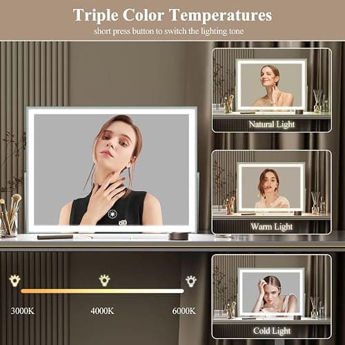 Gvnkvn Ligheted Vanity Mirror with Lights, 15" x 11" Travel LED Makeup Mirror, 3 Modes Light, Smart Touch Control Dimmable, 360°Rotation, Rectangle White Frame thumbnail 4