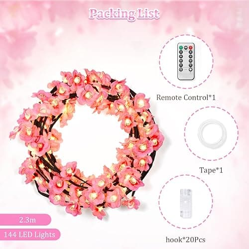 FIALAME 7.55 FT 144 LED Cherry Blossom Tree Branch Lights for Wall,8 Modes Artificial Pink Cherry Blossom Garland with Remote and Timer,Willow Vine Lights for Bedroom,Sakura Wall Decor thumbnail 7