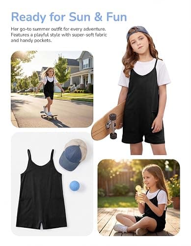 CharmWM Girls Summer Jumpsuits Spaghetti Strap Sleeveless Loose Romper Short Pants with Pockets 5-14 Years thumbnail 3