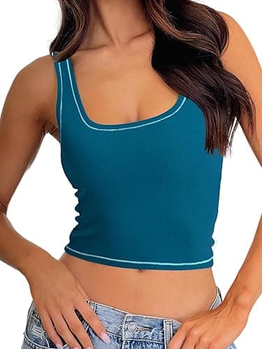 Danysu Women Rib Tank Top Padded Workout Top Square Neck Crop Tank Fitted Basic Cami Tops - Ocean Depths - Small