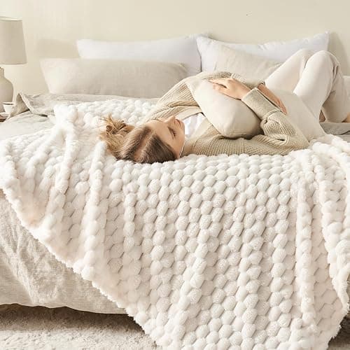 NEWCOSPLAY Super Soft Queen Blanket Ivory Premium Silky Flannel Fleece 3D Clouds Stylish Jacquard Lightweight Bed Blanket All Season Use 350GSM (Ivory, Queen(90"x90")) thumbnail 7
