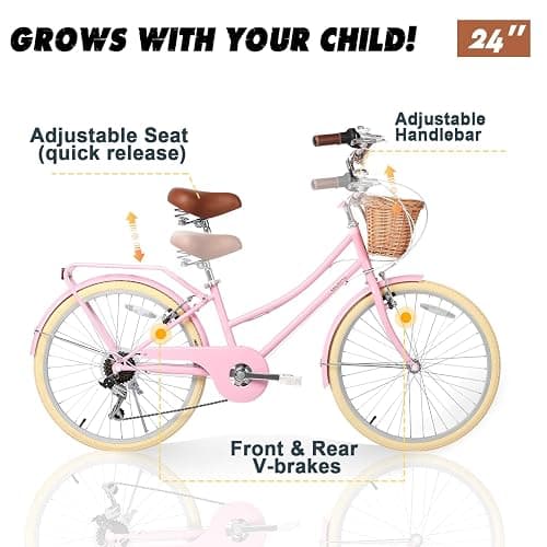 Glerc 20 24 26 Inch Beach Cruiser Bike, 6-Speed Hybrid City Bicycle for Girls Youth and Over 6 Years Old, Missy Bike with Wicker Basket & Lightweight, Multiple Colors thumbnail 4