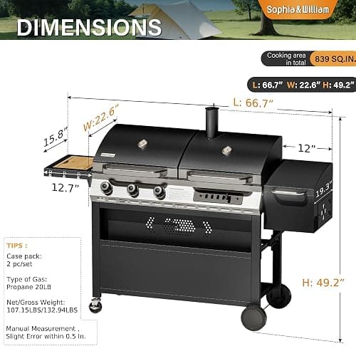 Sophia & William 3-Burner Gas and Charcoal Grill Combo with Offset Smoker - Dual Fuel BBQ Grill, 840 sq. in. Cooking Area, Heavy Duty Propane Barbecue for Outdoor Patio Cooking, Black thumbnail 2