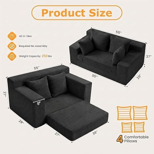 55" Small Boneless Couch, 3-in-1 Boneless Loveseat Sleeper Sofa Bed Convertible Sofa Bed with 4 Pillows, Black Corduroy Boneless Couch for Living Room, Guest Room, Small Space, No Assembly Required thumbnail 2