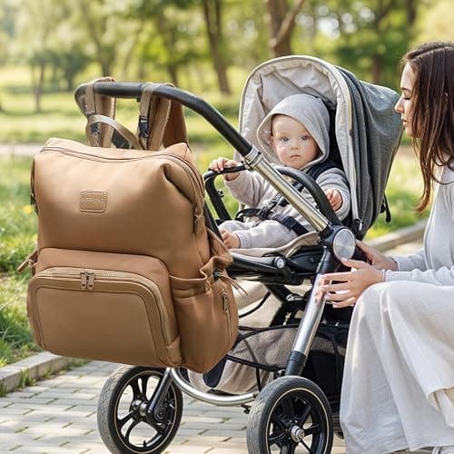 miss fong Diaper Bag Backpack - Baby Diaper Bag Neoprene Bag Large Capacity Neoprene Backpack with Diaper Changing Pad Travel Diaper Backpack Baby Backpack with 12 Pockets for Mom & Dad-Brown thumbnail 2