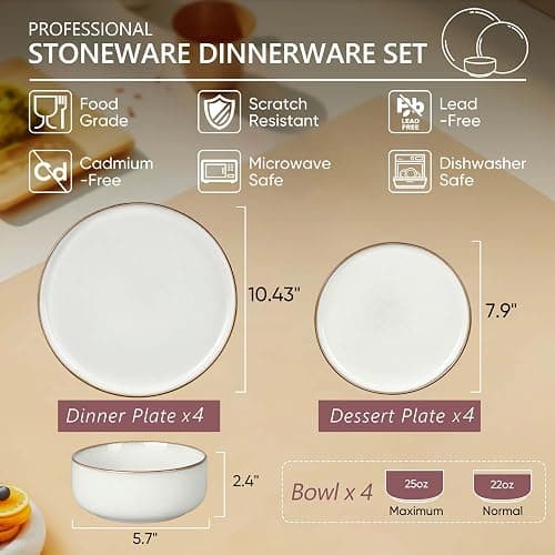 Herogo Plates and Bowls Set for 4, 12 Pieces Stoneware Dinnerware Sets, Double Reactive Glaze, Microwave & Dishwasher Safe, Scratch Resistant, Ivory White thumbnail 3