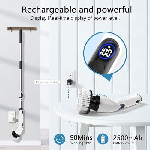 TUYU Electric Spin Scrubber, Full-Body IPX7 Waterproof Bathroom Scrubber with Power LCD Display, Adjustable Extension Handle, Cordless Shower Cleaner Brush for Bathtub Kitchen Wall Cleaning thumbnail 5