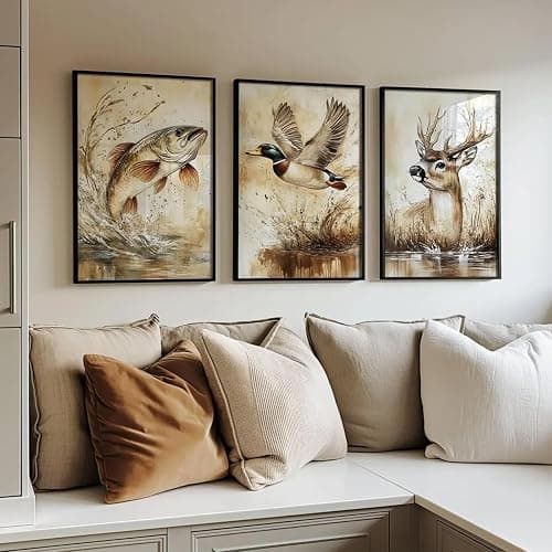Vintage Animal Wall Art Baby Boy Room Canvas Wall Decor Farmhouse Animal Posters Kids Nursery Hunting Art Prints Rustic Deer Fish Pictures Mallard Duck Painting for Bedroom 12x16 Inch Unframed 3pcs thumbnail 3