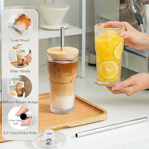 KEMORELA 20oz Ribbed Glass Tumblers with Bamboo Lids & Straws, Boba Cups | Stainless steel straws, bamboo & leak-proof dual lids. 13mm wide straw. Vintage. For boba, iced coffee, smoothies & travel. thumbnail 3
