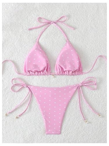 SOLY HUX Women's Polka Dots Print Bathing Suit Halter Triangle Tie Side Bikini Sets Two Piece Swimsuit thumbnail 2