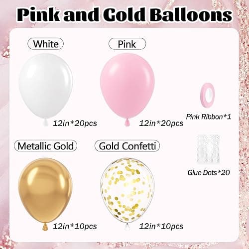 60pcs Pink and Gold Balloons 12inch, Pink and White Balloon with Metallic Gold Confetti Balloons for Baby Shower Wedding Birthday Party Decorations thumbnail 3