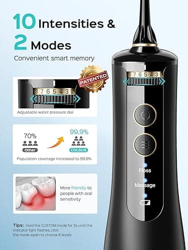 COSLUS Cordless Water Flosser & Dental Pick for Teeth, Braces, Gums Care - Advanced 10 Pressure Settings for Multiple Users, Rechargeable, Portable for Travel, BPA-Free, Black, E40(WFP14) - Black thumbnail 3