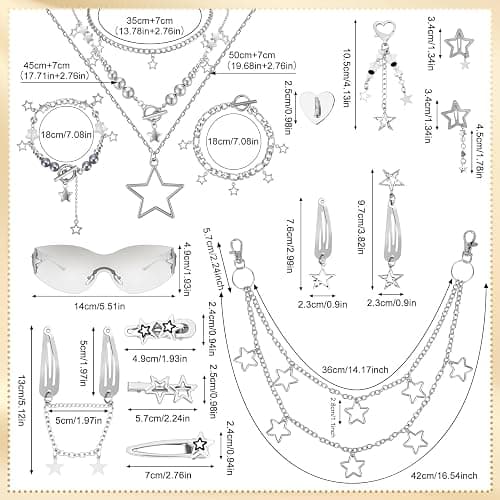 Y2k Accessories Set Included Star Y2k Silver Necklace Grunge Layered Necklace Y2K Sunglasses Star Hair Clip Y2k Silver Hair Clips Keychain Hip Hop Pants Chain Vintage Jewelry Set for Women thumbnail 5