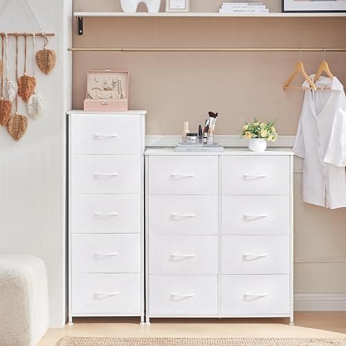Somdot Tall Dresser for Bedroom with 5 Drawers, Storage Organizer Chest of Drawers with Removable Fabric Bins for Closet Bedside Living Room Laundry Entryway Hallway, White Leather thumbnail 9