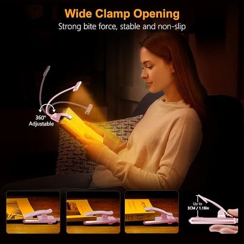 Gritin 19 LED Rechargeable Book Light for Reading in Bed with Memory Function- Eye Caring 3 Color Temperatures,Stepless Dimming Brightness,80 Hrs Runtime Clip on Light for Book Lovers-Pink thumbnail 6