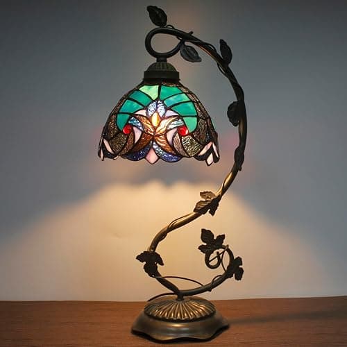 WERFACTORY Stained Glass Lamp Tiffany Style Bedside Table Lamp Reading Desk Light, Metal Leaf Base 8X10X21 Inches Decor Small Space Bedroom Home Office S160G Series thumbnail 2