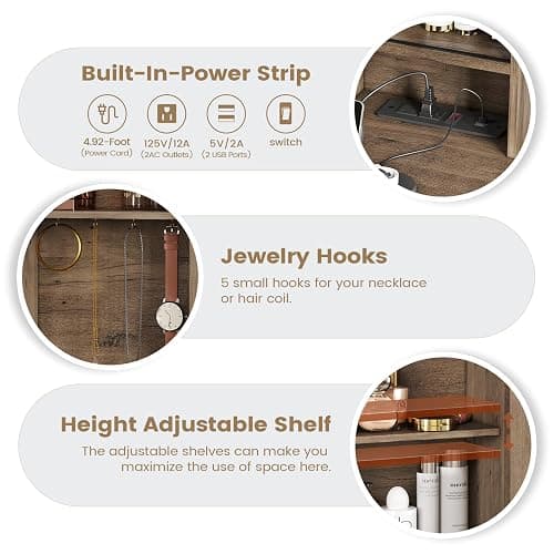 AOGLLATI Makeup Vanity with Lights & Barn Doors, Vanity Desk with Mirror and Lights & Charging Station, Farmhouse Brown Vanity Table with Jewelry Hooks and Open Storage Shelves thumbnail 5