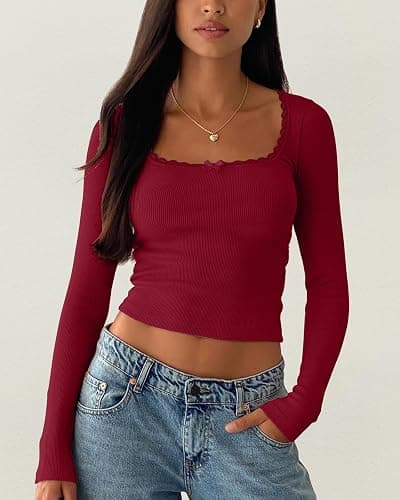 NODHUT Women's Long Sleeve Crop Top Square Neck Going Out Tops Cute Ribbed Knit Bow Knot Lace Patchwork T Shirts thumbnail 4
