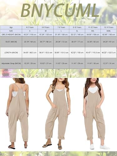 Bnycuml Girl's V Neck Sleeveless Jumpsuits Spaghetti Straps Harem Long Pants Rompers With Pockets (5-14 Years) thumbnail 4