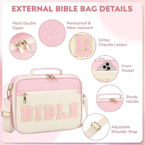 Bible Cover Case for Women Grils, Preppy Bible Bag with Adjustable Shoulder Strap, Waterproof Bible Carrying Tote Bags Holder for Bible Study Supplies Accessories & Christian Gifts (Light Pink) thumbnail 4