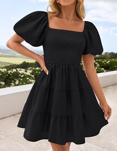 ZESICA Women's Boho 2025 Summer Square Neck Puff Sleeve Off Shoulder Smocked Tiered Casual A Line Short Mini Dress thumbnail 8
