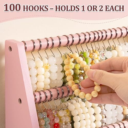 Bellaownia 4 Tier Bracelet Holder Stand with 100 Hooks, Wooden Bracelet Display Organizer Rack for Jewelry, Home, Vendors and Store Display (Pink) thumbnail 4