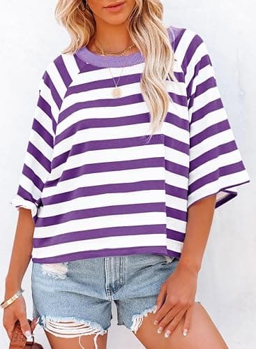 Dokotoo Tops for Women Striped 2026 Fashion T Shirts for Women Color Block Crewneck Design Loose Basic Tee thumbnail 2