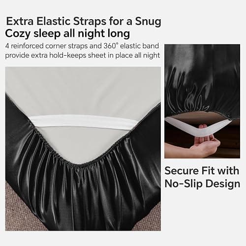 BEDELITE Satin Fitted Sheet King Size with Elastic Corner Straps, Luxury Soft Silk-Like Bed Sheet for Hair & Skin, 1 Deep Pocket Fitted Sheet Only Fits 15" Mattress, Fade & Wrinkle Resistant, Black thumbnail 3
