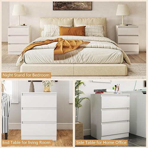 White Nightstand with 3 Drawers,Modern Tall Bedside Table with Storage for Bedroom,End Side Table with No-Handle Design for Living Room thumbnail 6