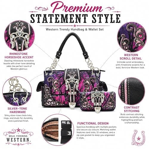 Western Trendy Camouflage Purse Country Handbag and Wallet Set for Women | Rhinestone Buckle, Side Pockets & Convertible Wallet Carry thumbnail 7