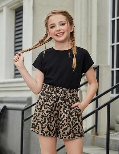Arshiner Girls 2 Piece Outfit Summer Drop Shoulder Batwing Sleeve Tops and Paperbag Waist Shorts Set Cute Clothing Size 6-14 thumbnail 4
