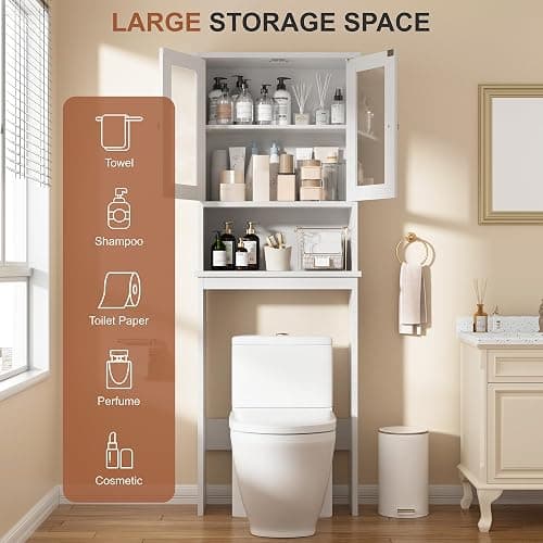 Shintenchi Over the Toilet Storage Cabinet, Bathroom Shelf Organizer with Anti-Tip Device, Small Freestanding Space Saver with Adjustable Shelf and Glass Door, White thumbnail 4
