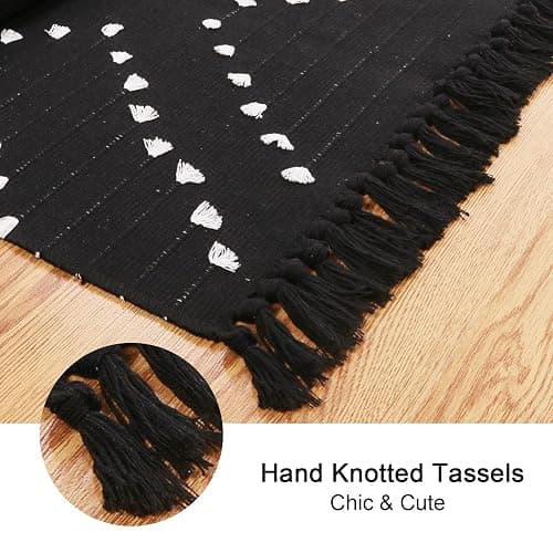 HAOCOO Boho Bathroom Runner Rug 2’ X 4.3’, Black Geometric Washable Woven Cotton Diamond Area Rug, Chic Moroccan Tribal Tassel Kitchen Rug,Throw Floor Mat Carpet Decorative for Living Room Bedroom thumbnail 3