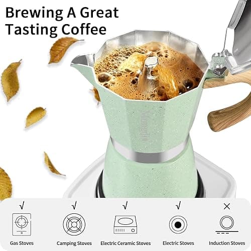 Mongdio Stovetop Espresso Maker Moka Pot, Cuban Coffee Maker Stove top coffee maker Moka Italian Espresso Greca Coffee Maker Brewer Percolator, 6 Espresso Cups, 10 oz - Green thumbnail 7