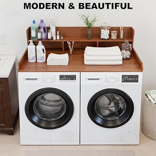 HMAZAE Washer Dryer Countertop with Shelf, 2-Tier Laundry Countertop Over Washer and Dryer, 54" x 27.55" Wooden Table for Folding Clothes for Laundry Room Organization and Storage (Walnut) thumbnail 7