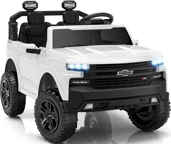 First Ride On 24V 2 Seater Ride on Car for Kids, Licensed Chevrolet Silverado Electric Car for Kids with Remote Control, Ride on Truck with Bluetooth, LED Lights and Seat Belts (White) - Image 1