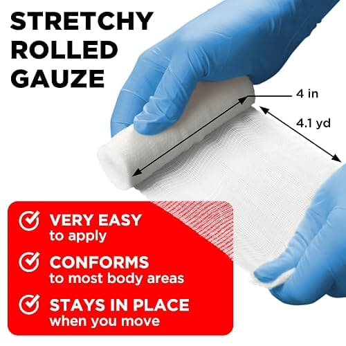 Gauze Rolls - 24 Pack - 4" x 4.1yd Breathable Rolled Gauze - Individually Wrapped with Bonus Tape - First Aid Conforming Stretch Wrap for Wounds - Mummy Wrap thumbnail 6