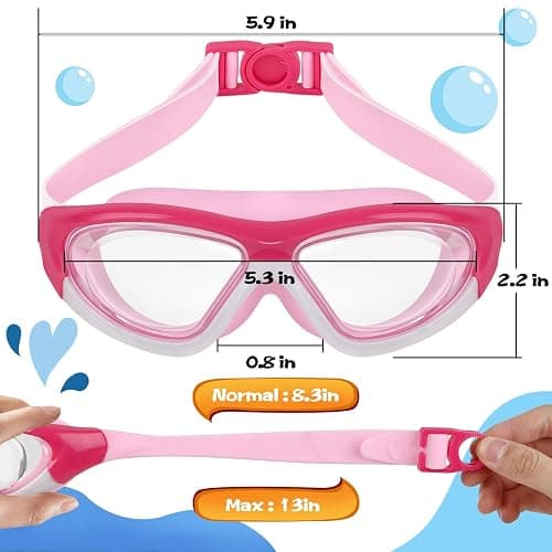 SIMAKARA Swimming Goggles Kids 6-14, Boys and Girls Swimming Goggles Age from 3 to 15 Years Old, Wide Vision, Anti-Fog, Waterproof, No Leaking, UV Protection-with FREE Case,Nose Clip Ear Plugs - pink thumbnail 4
