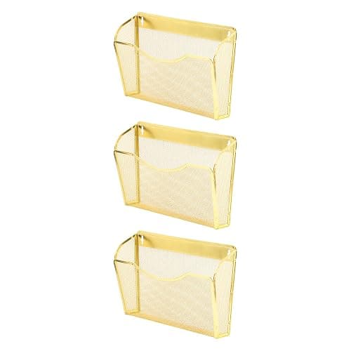 EASEPRES 3 Single Pocket Mesh Hanging File Organizer, Vertical Wall Mounted Magazine File Holder, Mount Basket Mail Paper Document Folder Organizing for Office, Home and School, Gold - Image 1
