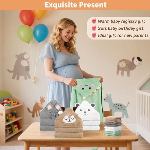CandyHome 12 PCS Baby Bath Towels Set for Infants Toddlers Essentials | 4 PCS Baby Towels & 8 PCS Washcloths Set, Cute Animal Hooded, Ultra Absorbent & Soft, Newborn Shower Gifts for Boys & Girls thumbnail 5
