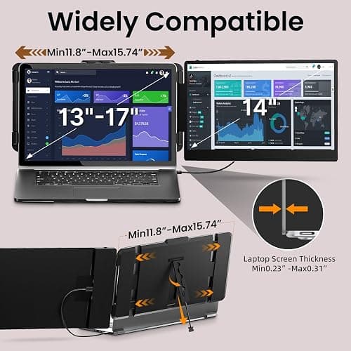 Laptop Screen Extender Dual Monitor - 14" Portable Monitor IPS FHD 1080P Attachment Extended Extra Screen USB-C HDMI Port Compatible with Wins Mac Dex Chrome Travel Work Fits 13"-17" Laptops thumbnail 4