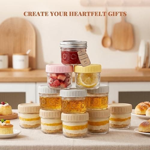 CycleMore 4oz Sunflower Glass Jars 12-Pack with 2 Types of Airtight Lids | Canning Jars With 12 Metal Split + 12 Colorful Plastic Lids. For Jams, Wedding Favors, DIY gifts. Dishwasher Safe BPA-Free thumbnail 2