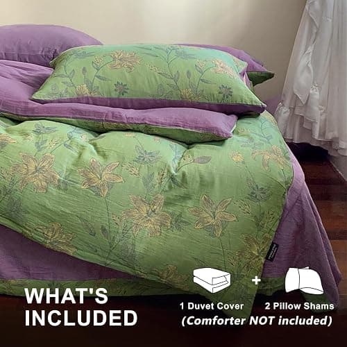 VM VOUGEMARKET Linen Cotton Jacquard Duvet Cover Queen,3 Pcs Yarn-Dyed Textured Duvet Cover Set Green Purple Floral Bedding Breathable, Natural Wrinkled Look-No Comforter thumbnail 3
