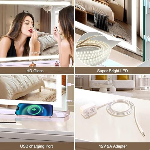Large Lighted Vanity Mirror, 23" x 19" Light Up Make up Mirror with Smart Touch 3 Colors Dimmable, Tabletop or Wall-Mounted, Memory Function thumbnail 6