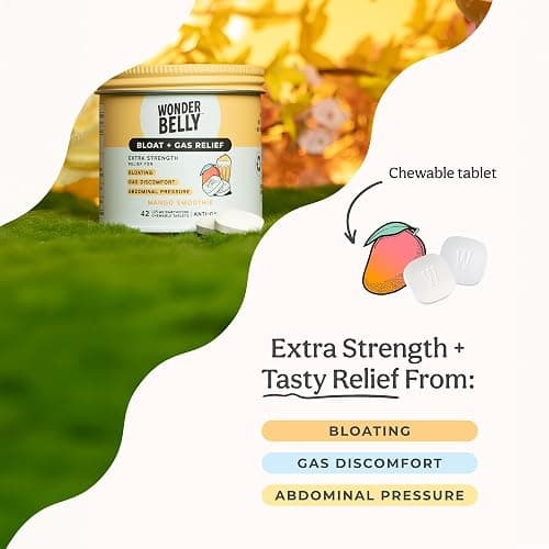Wonderbelly Bloat + Gas Relief, Extra Strength Chewable Tablets, with 125 mg Simethicone, No Talc or Dye, Mango Smoothie, 42 Count thumbnail 2