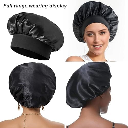 Wesoke Womens Sleep Cap 2 Stück Satin Motorhaube Seidenhauben zum Schlafen, Frauen Haarhaube für lockige Haarzöpfe, große Schlafkappe Wiederverwendbare Badduschhaube für Frauen Männer (Schwarz) thumbnail 6