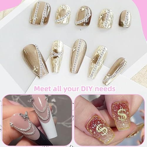 12 Strips Metal Nail Art Chains, 3D Gold Silver Dark Gray Punk Gothic Nail Chain Charms, Jewelry DIY Manicure Decorations, Gems Studs Accessories with Storage Box for Women Girls, Easy to Apply thumbnail 5