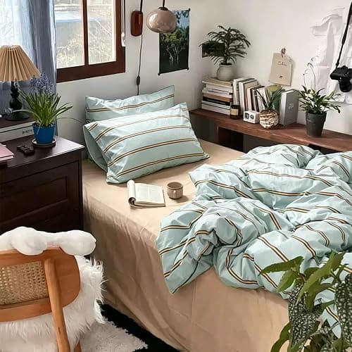 mixinni Retro Mint Blue Striped Duvet Cover Set - 100% Natural Cotton 3-Piece Vintage Stripes Pattern Printed Bedding Set, Soft Breathable Comforter Cover with Zipper Closure & Corner Ties, Full Size thumbnail 5
