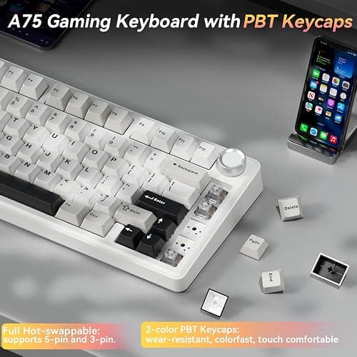SOLAKAKA A75 75% Wireless Mechanical Keyboard, Hot Swappable Gaming Keyboard with Multifunction Knob & RGB, Gasket Mounted Creamy Keyboard, PBT Keycaps, Compact Layout for Win/Mac/PC thumbnail 4