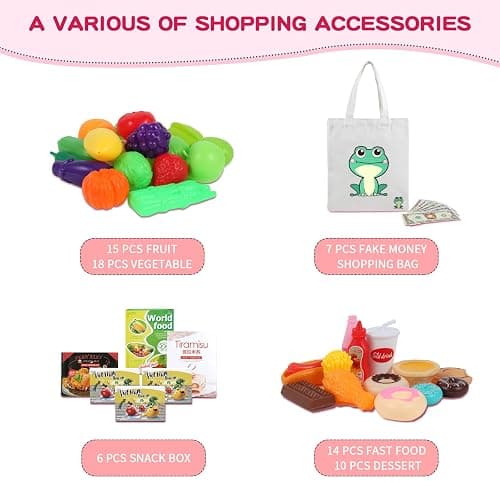 Ming You 2-in-1 Kids Shopping Cart Toy with Pretend Play Foods for Kids | 72pcs Toddler Grocery Cart Set with Fake Money and Shopping Bag for Imaginative Play, Birthday Gift for Girl Ages 3-5 (Pink) thumbnail 5